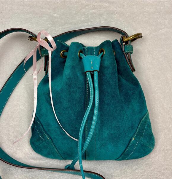 Coach Handbags - Vintage Coach Soho Suede Drawstring Cinch Bag in Turquoise Suede